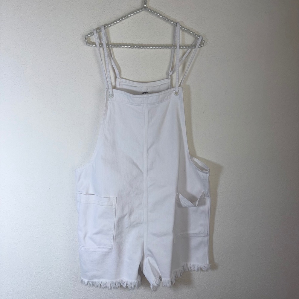 Aerie Denim Shortall Overalls XL White Excellent Raw Fringe Hem Double Strap